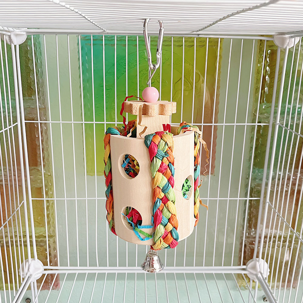 Parrot Bird Toy Wooden Chew String Paper Thread Tearing Tube Straw Molar Barrel Foraging Toy Bird Cage Accessories