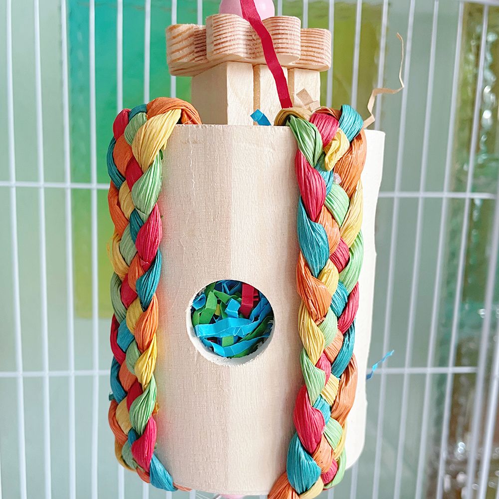Parrot Bird Toy Wooden Chew String Paper Thread Tearing Tube Straw Molar Barrel Foraging Toy Bird Cage Accessories